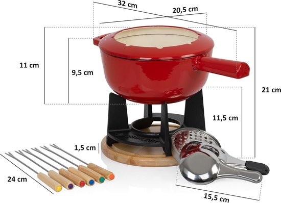 Gietijzeren fondueset voor 6 personen | 2 liter | fondueset 13-delig met brander en vorken | fondueset, kaasfondueset, vleesfondueset, chocoladefondueset (rood geëmailleerd) — afbeelding 4