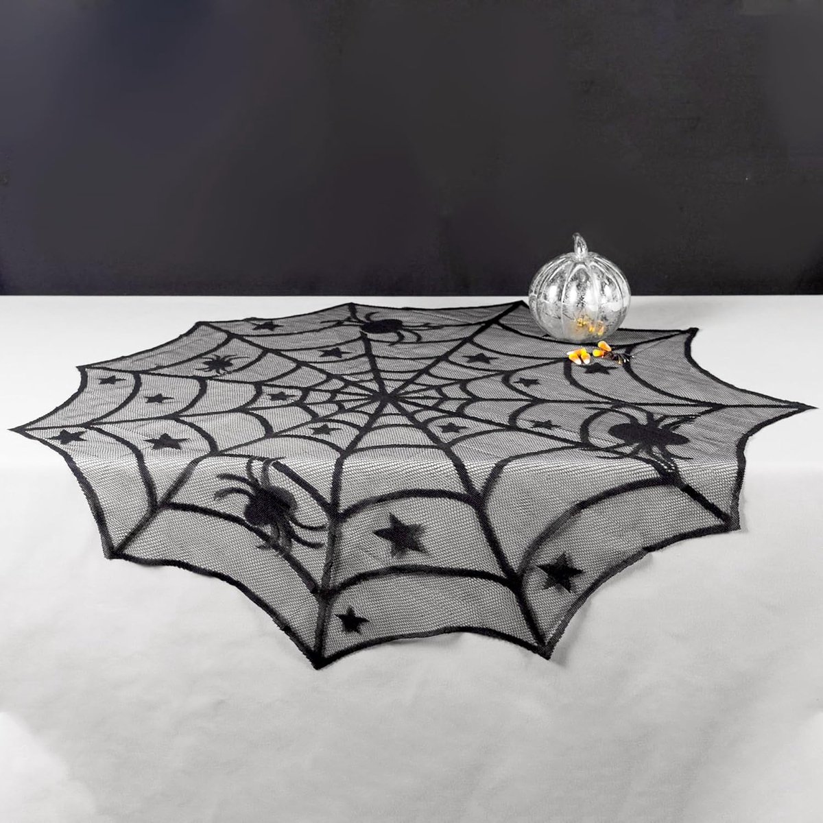 Tafelkleed - Halloween Spinneweb Tafelkleed - Zwart Kanten Spinneweb Decoratie - Ronde Tafelbedekking - Diameter 102 cm - Zwart - 1 Stuk