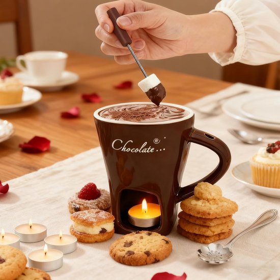 Mok voor Chocoladefondue - Wit - 200 ml - Keramische Fondue Set met Vork en Theelichtjes - Voor 1-2 Personen — afbeelding 5
