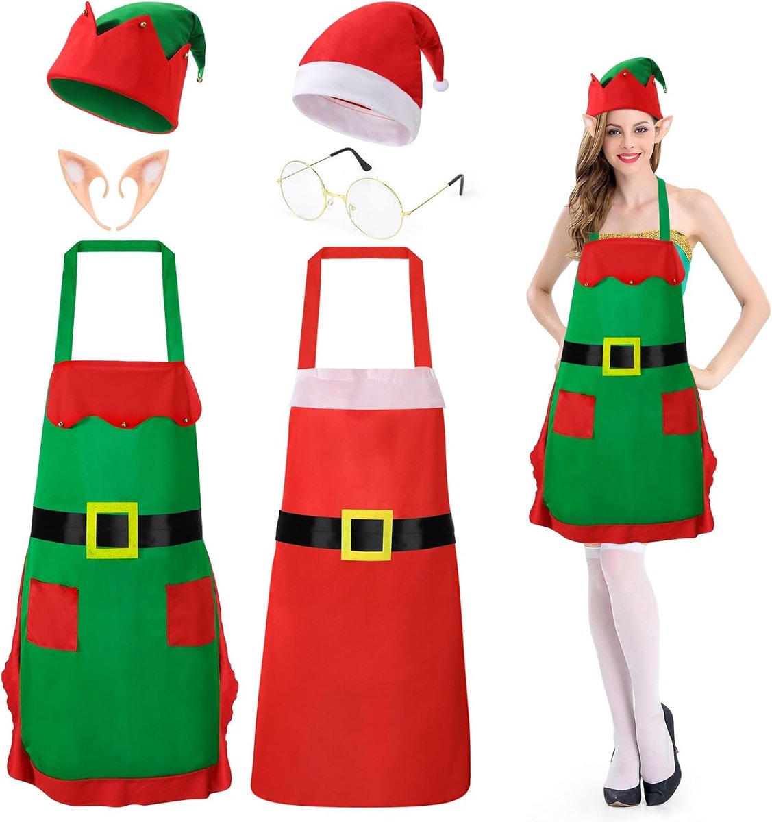 Dailygoods- Elfenkostuum - Kerstschort/elfenschort - Kerstmuts/elfenmuts - Elfenoren - Kerstmanbril - Polyester materiaal - Kerstkostuum