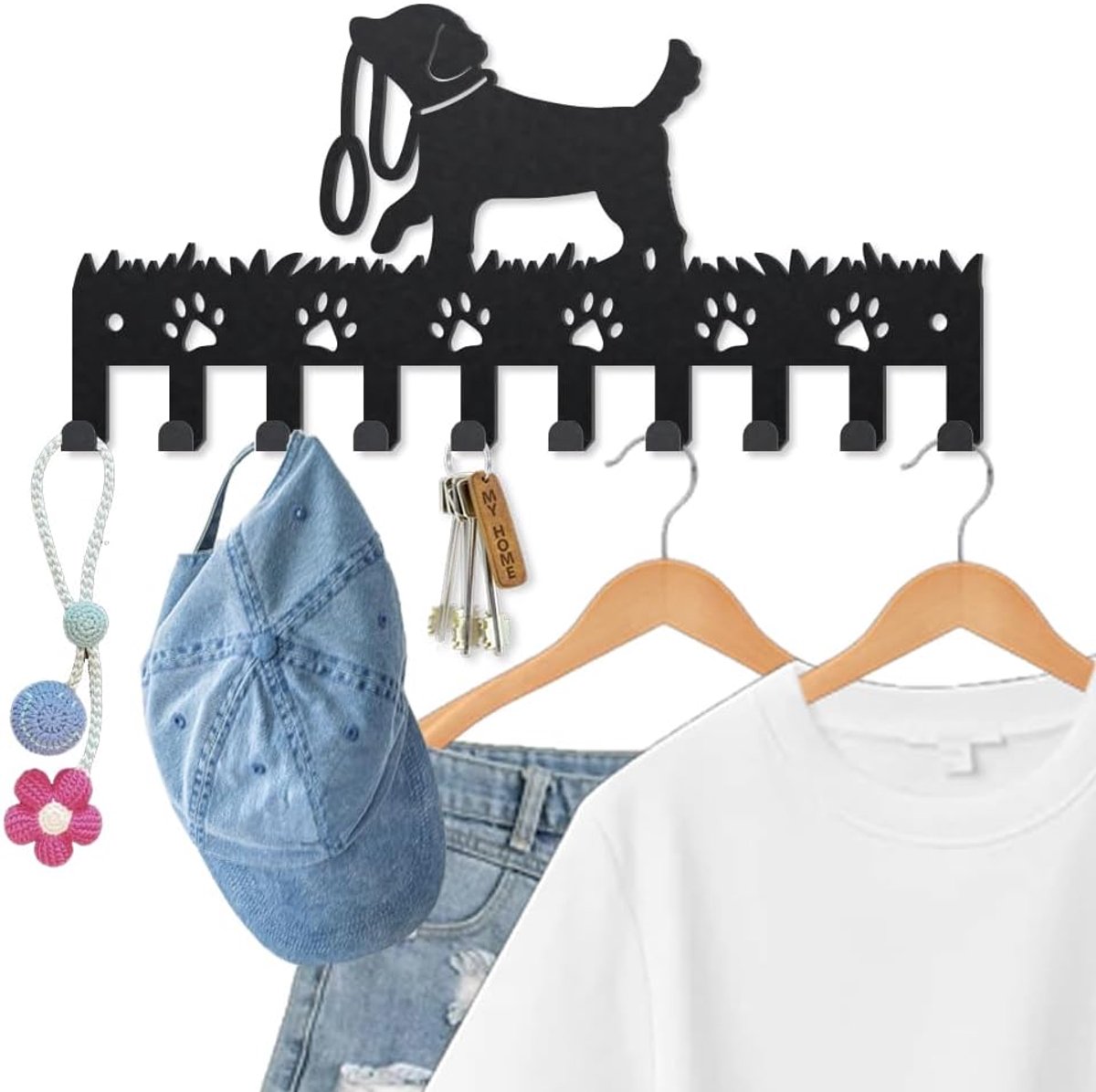 Dailygoods- Hondensleutelhouder 10 Haken - Wandbeugel - Dierenpoot Kapstok - Hal/Keuken - Handgemaakt Ontwerp - 25 × 12 cm - Sleutelhanger