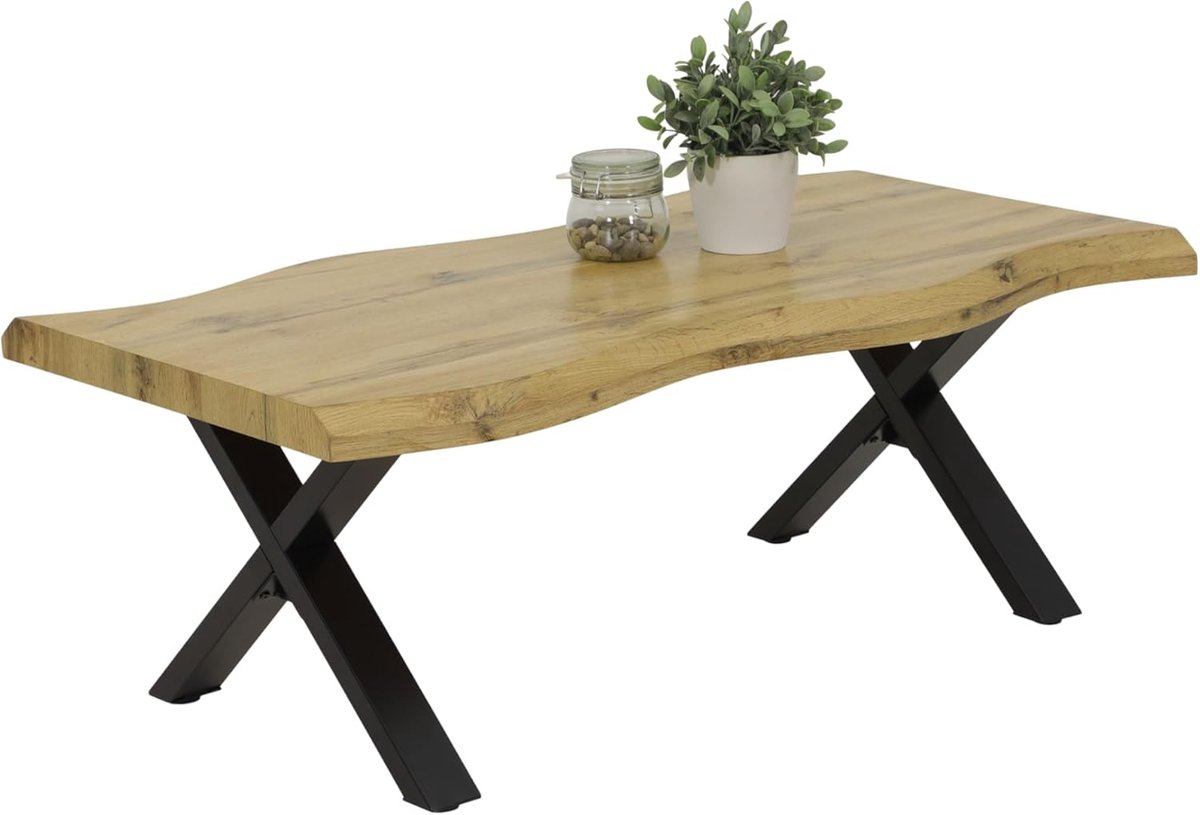 Boomtafeltafel, salontafel, X-frame, houtmateriaal, wild eiken natuur, 110 x 60 cm