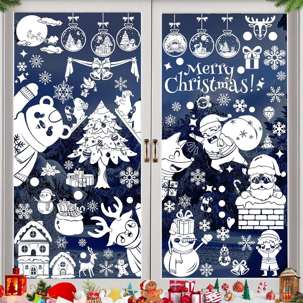 Kerstmis raamdecoratie, 9 vellen zelfklevende kerstvensterstickers, herbruikbare kerstvensterstickers voor raamdecoratie, winterraamstickers voor decoratieve ramen en etalages (B)