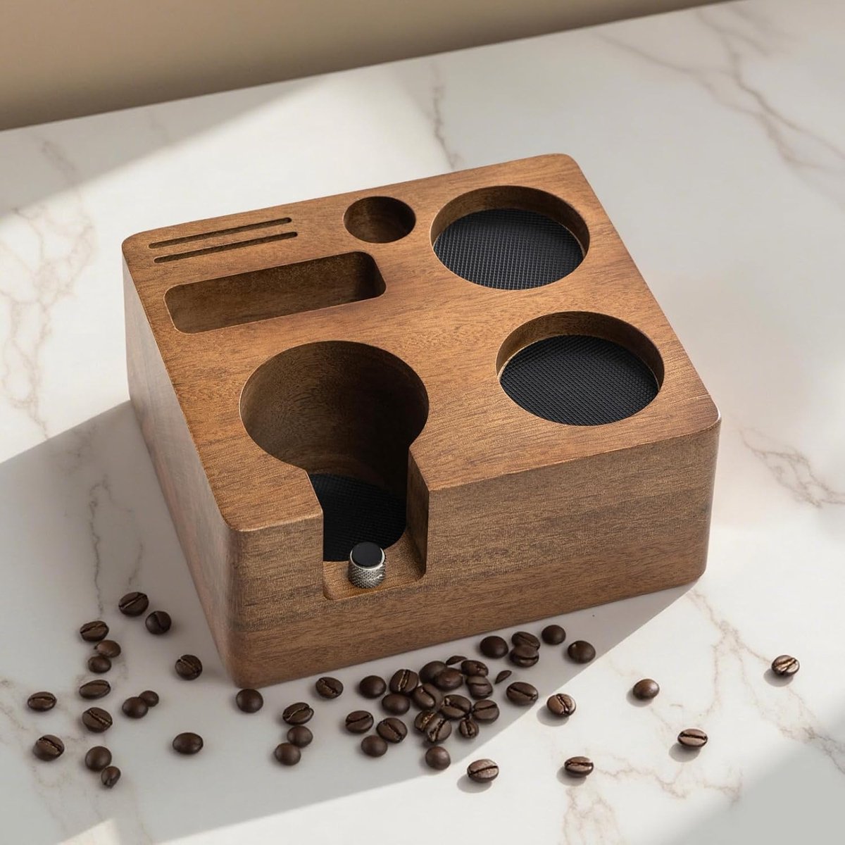 Tamper Station 51/54 mm – koffie tamping station van walnoothout met siliconen kussen, in hoogte verstelbare zeefhouder voor barista-accessoires, koffiemolen en tamper
