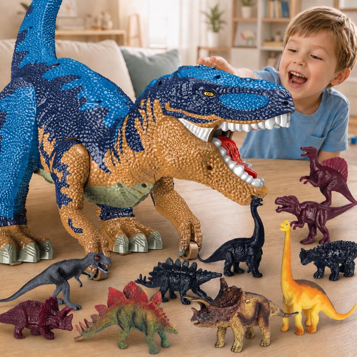Dinospeelgoed voor jongens van 3 tot 8 jaar, Grote T-Rex Met Verborgen Opbergruimte, Complete Speelset Met Dino Figuren, Realistische Mistspray, Lichten En Geluiden, Schuifbeweging, Blauw