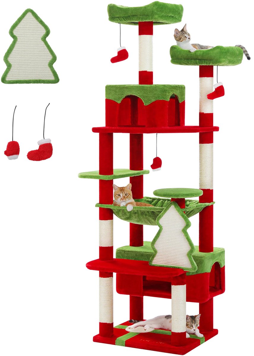 Gudalio Krabpaal - Kerst Krabpaal - Kattenmand - Kattenspeelgoed - Kerstboom - Sisal - Hangmad - Large - 180 cm - Groen - Rood