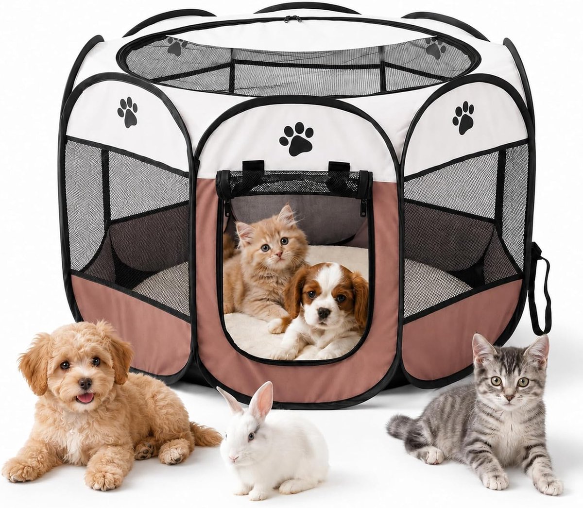 opvouwbare hondenbox 74 x 74 x 43 cm, puppybox kattenhok voor thuis, opvouwbare box, vrijloopren voor honden, katten, konijnen, binnen en buiten (koffie)