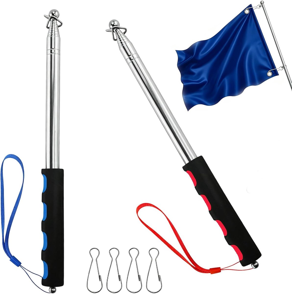 2 stuks telescopische vlaggenmast, 2 m, uittrekbare roestvrijstalen vlaggenmast met clips en haken, draagbare telescoopstang voor vlaggen en banners, ideaal voor reisgids, leraren, camping en