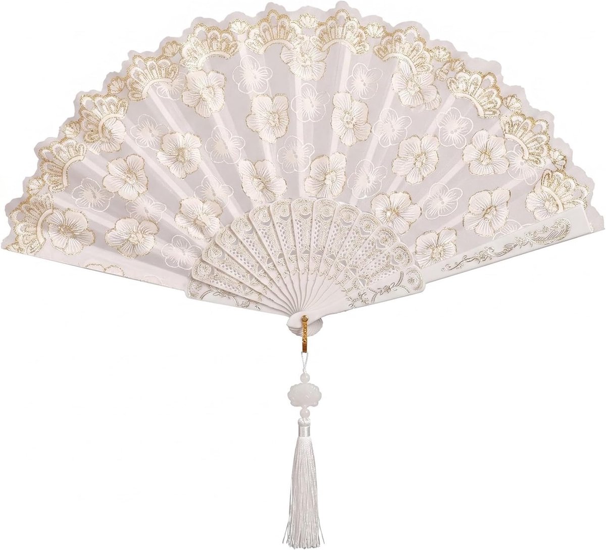 Handwaaier met franje, waaier van stof, geborduurd, wit, kersenbloesem, voor bruiloft, dans, cosplay en wanddecoratie, elegant show-accessoire, 22,5 cm