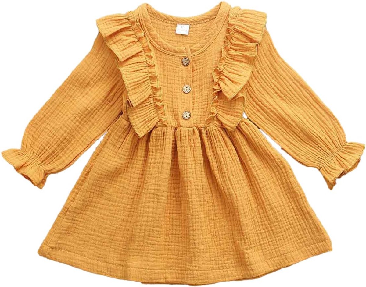 Zomerjurk voor kleine meisjes met ruches, ronde hals, knoopsluiting, casual, herfst, A-lijn, party, kinderjurk, 2-6 jaar
