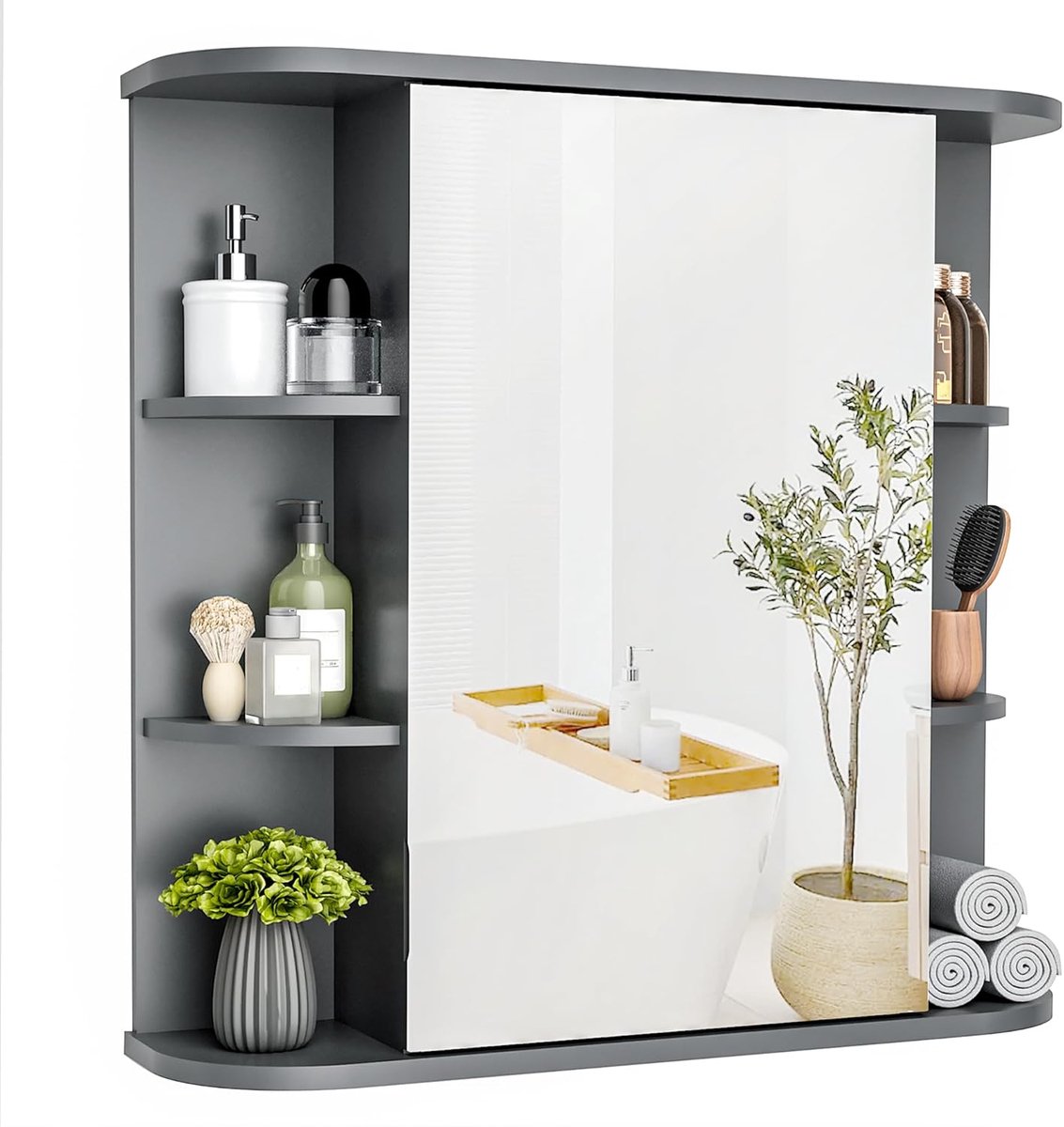 Badkamerspiegelkast, badkamerkast met grote HD-spiegel, wandgemonteerde opbergkast met verstelbare planken, opbergkast voor woonkamer, slaapkamer, grijs, 68 x 60 cm