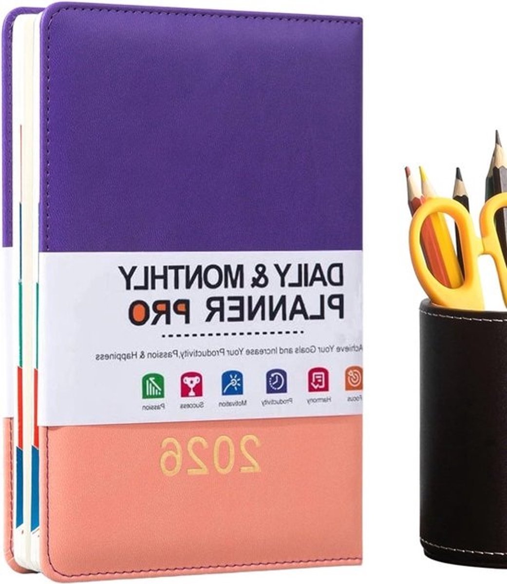 Dagelijkse Agenda - Planner Kalender - Tijdbeheer Organisatie - Leren Kaft - A5 - Roze Paars