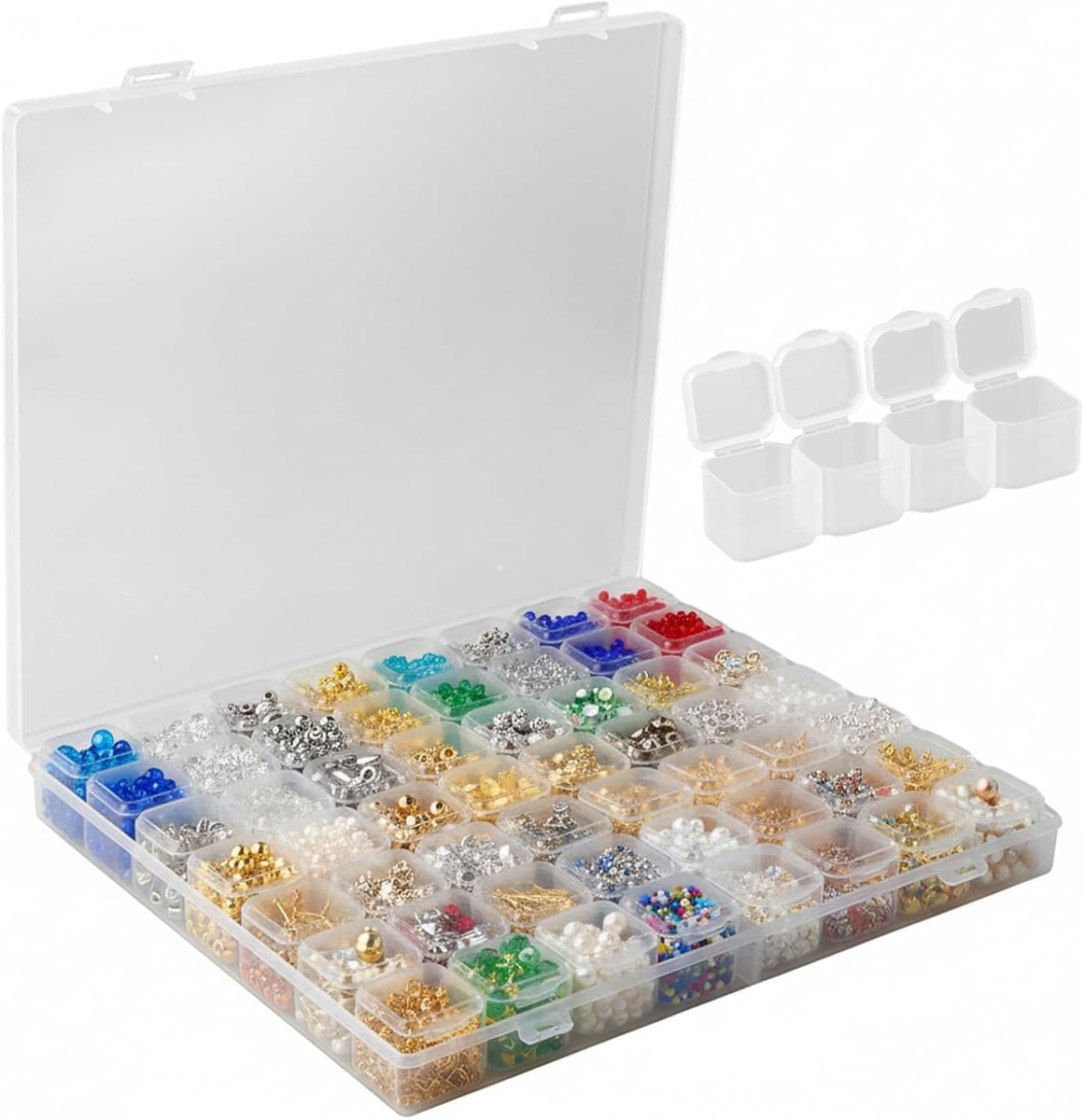 Dailygoods- Opbergdoos Transparant - 28 Vakken - Kunststof - Organizer voor Kralen/Sieraden - Set van 2 - Afmetingen 21 x 17,5 x 3 cm - Sorteerdoos