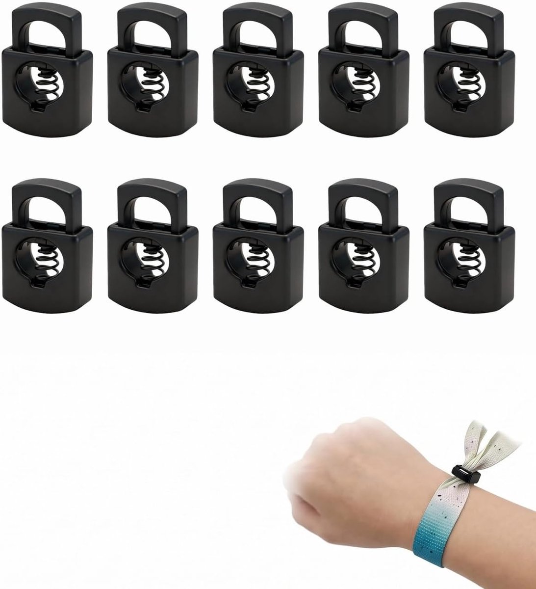10 stuks metalen sluitingen met veer voor festivalarmbanden, herbruikbaar en verstelbaar, veilige sluiting voor banden en armbanden voor feestjes (zwart)