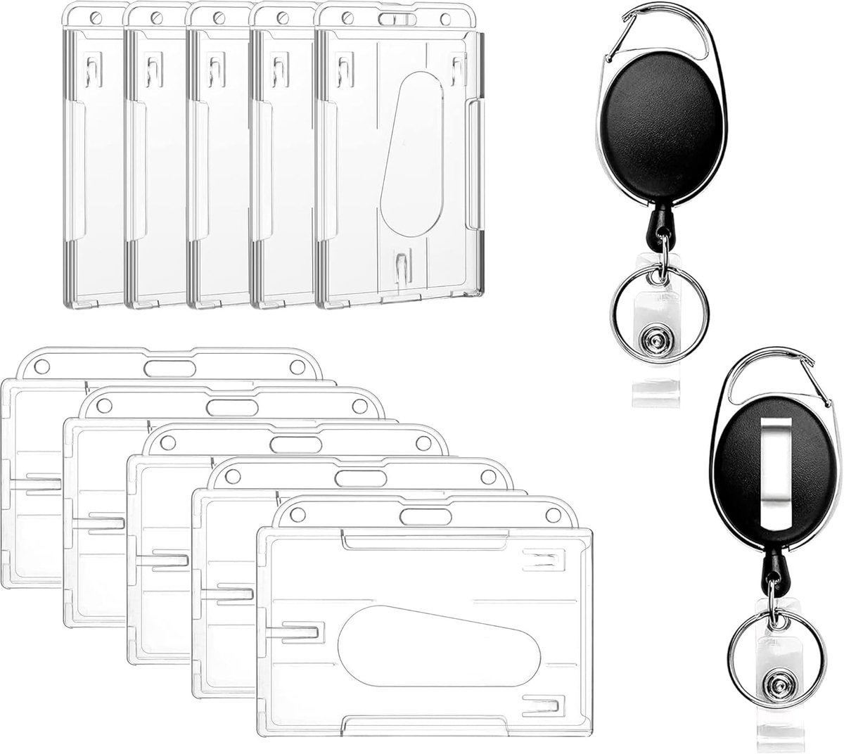Dailygoods- ID-kaarthouder 5 stuks horizontaal/verticaal - intrekbare ID-kaarthouder - sleutelrol - hard plastic - transparant - 2 draagmogelijkheden