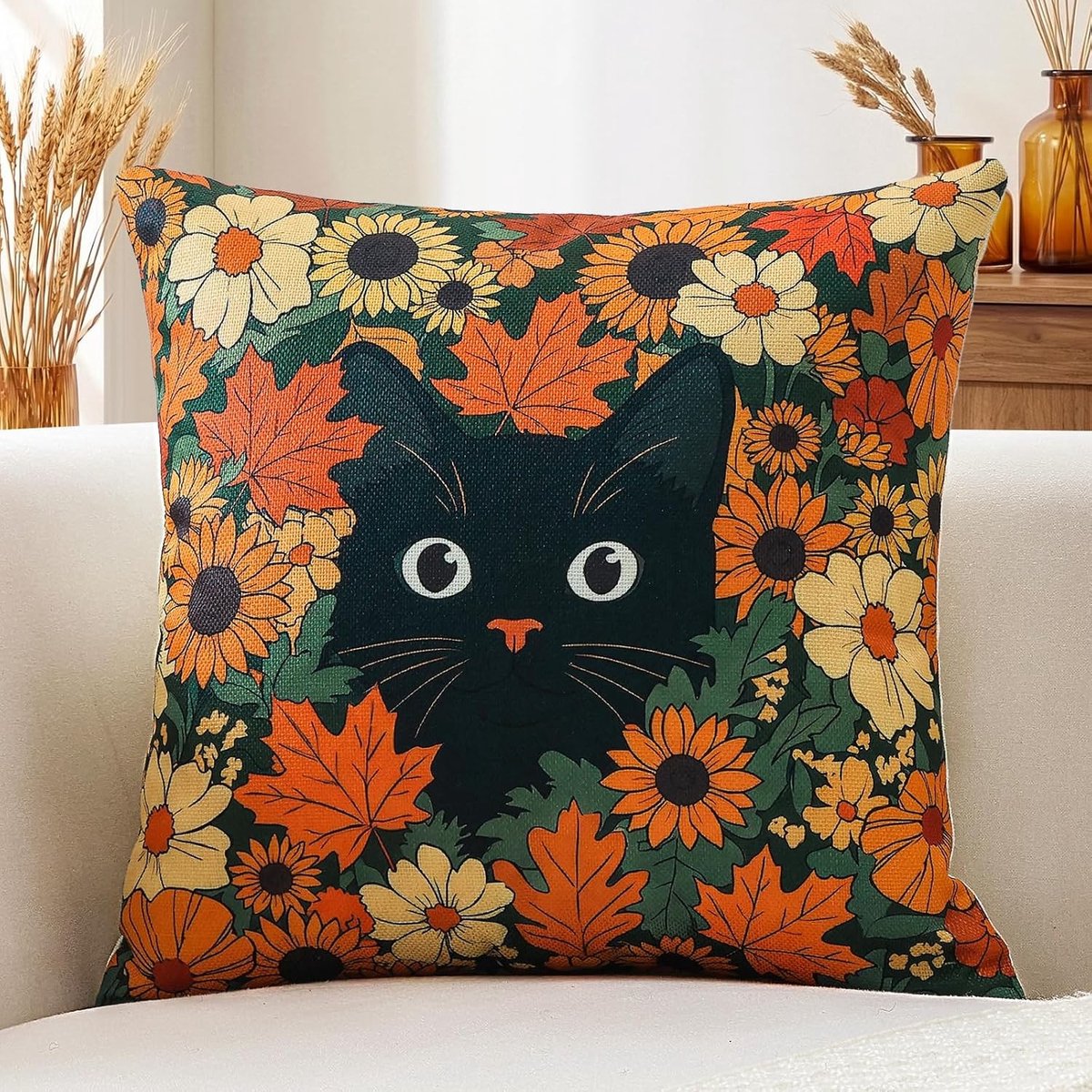 Herfst Kussenhoes 40x40cm, Set van 1 Zwarte Kat Bloemen Kussen voor Woonkamer, Feestdagen en Herfstdecoratie