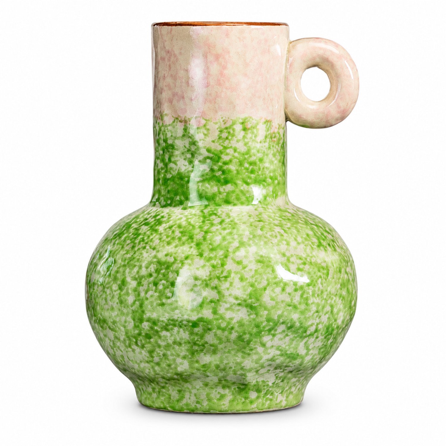 SWGOTA Keramische vaas van 19.3 cm hoog met ringvormig oor, groen-wit patroon en roze-witte hals voor bloemen en decoratie