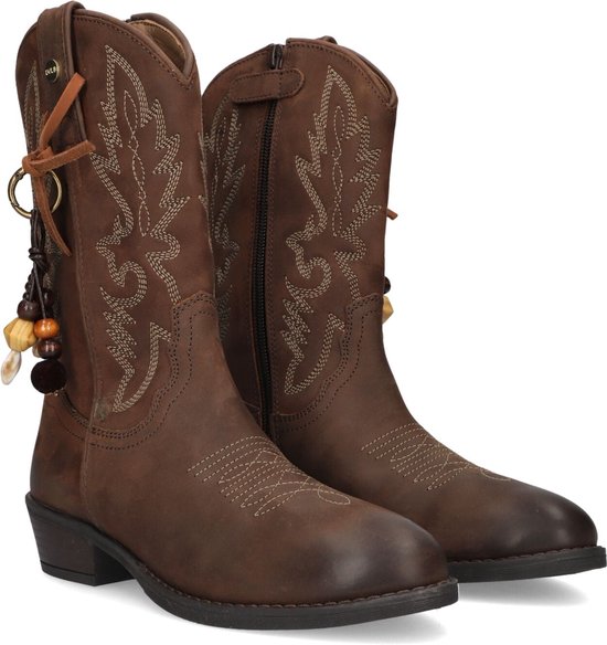 Bruine westernlaarzen met borduursel, rits aan de zijkant en decoratieve kralen bij de schacht.