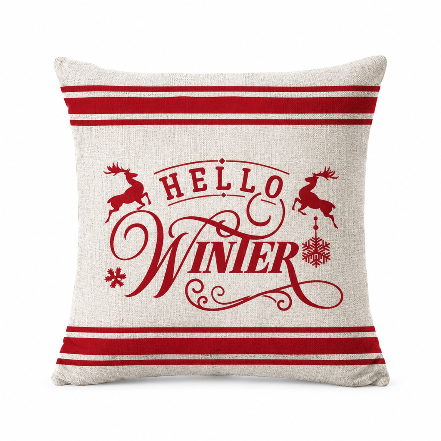 Kussenhoes 45 x 45 cm van linnenmix - Beige met rode winterprint en strepen - Voor de bank - Zonder binnenkussen