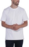 Model met effen wit t-shirt met ronde hals, voorzijde.