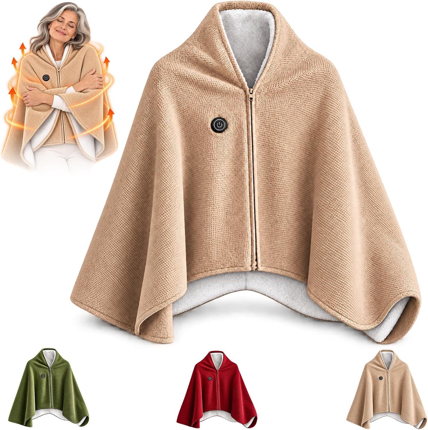 Elektrisch verwarmde cape – Draagbare verwarmde deken-poncho voor dames – 150 x 80 cm – Verwarmde deken met ritssluiting – Werkt op batterijen – 3 warmtestanden – Draagbare verwarmde deken voor thuis of op kantoor Beige