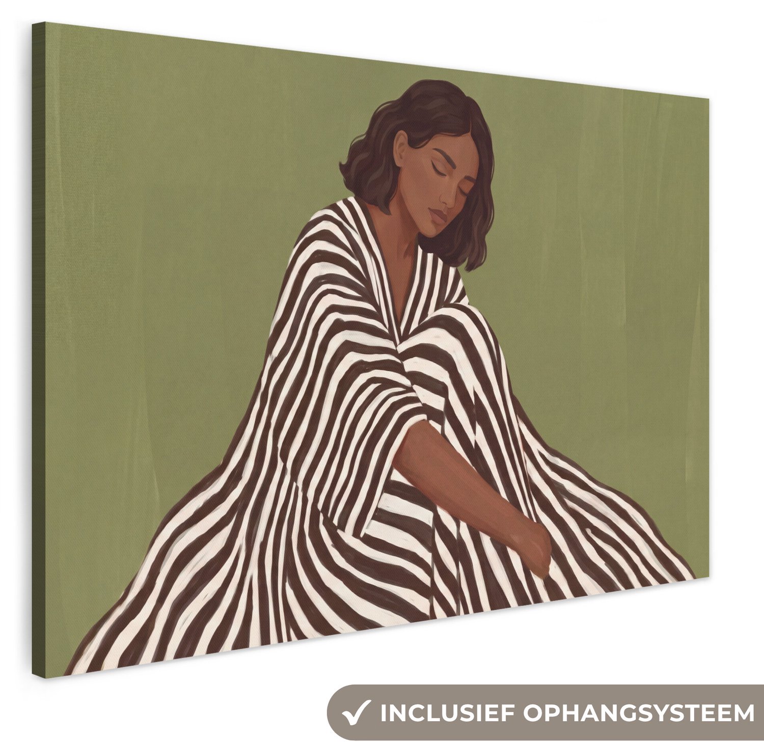 Canvas schilderij 180x120 cm - Exclusieve wanddecoratie Vrouw - Zittend - Groen - Muurdecoratie woonkamer - Slaapkamer decoratie - Kamer accessoires - Schilderijen op canvas groot XXL
