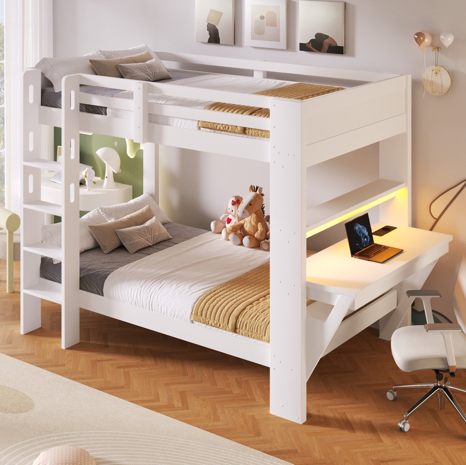 MODFU Stapelbed - Bureau En Opbergvakken - Ledverlichting - Hout En MDF - Wit - 90 X 200 Cm