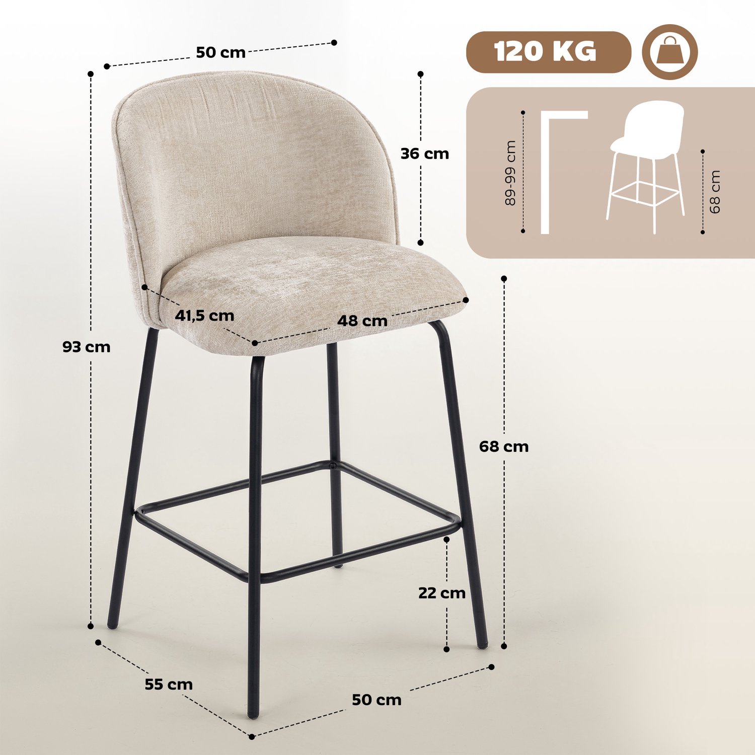 Lunpog Set van 2 barkrukken met rugleuning en voetensteun-gestoffeerde stoelen met stalen poten voor keukeneiland-eetkamer-beige