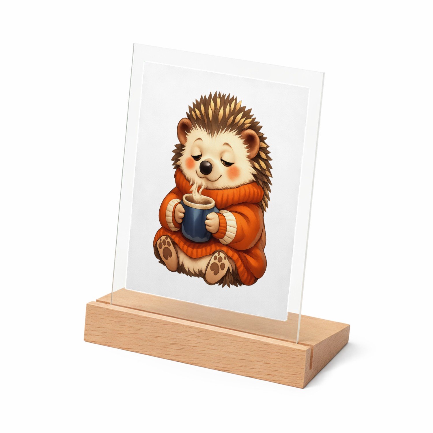 Mr Cadeautjes Glasframe met vaste tekst - design Een slaperige egel in een oversized trui met een warme drank | cadeau Wit