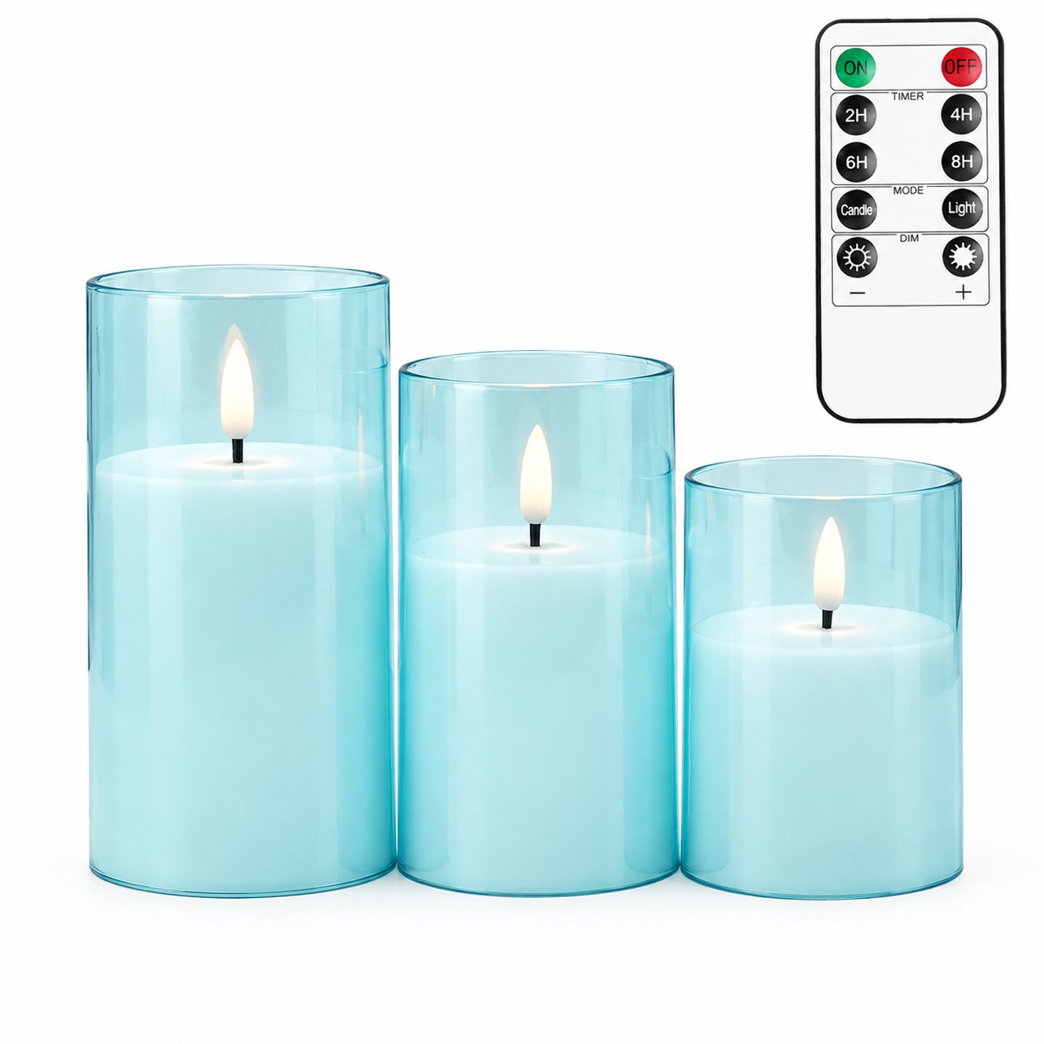 SWGOTA led kaarsen, 3 stuks per doos, lichtblauw met vlamvorm en verschillende hoogtes, inclusief afstandsbediening met timerknoppen en 1 knoopcel voor de afstandsbediening