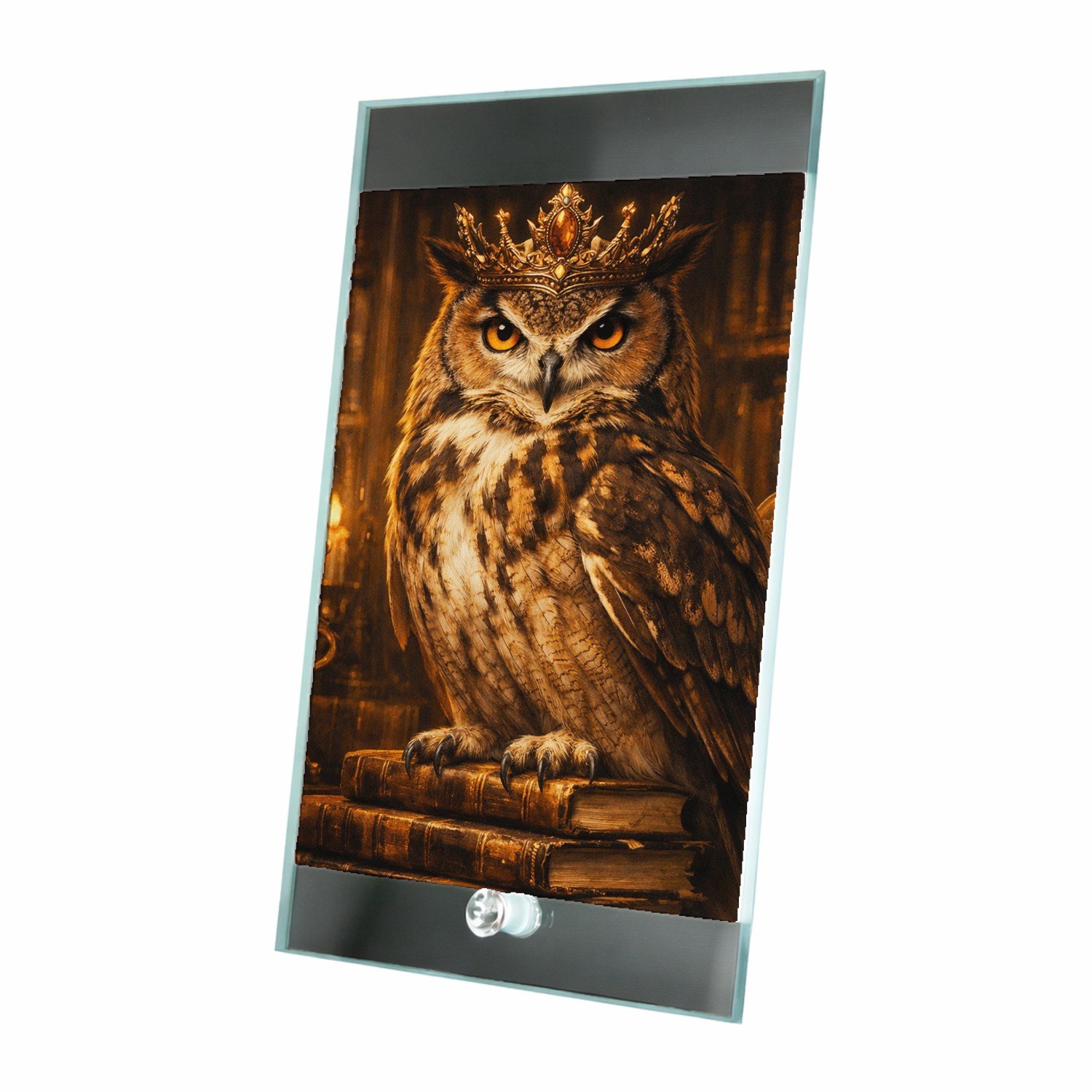 Mr Cadeautjes Glasframe 15 x 23 - design Een chique uil in een bibliotheek vol gouden licht en oude b | cadeau Wit
