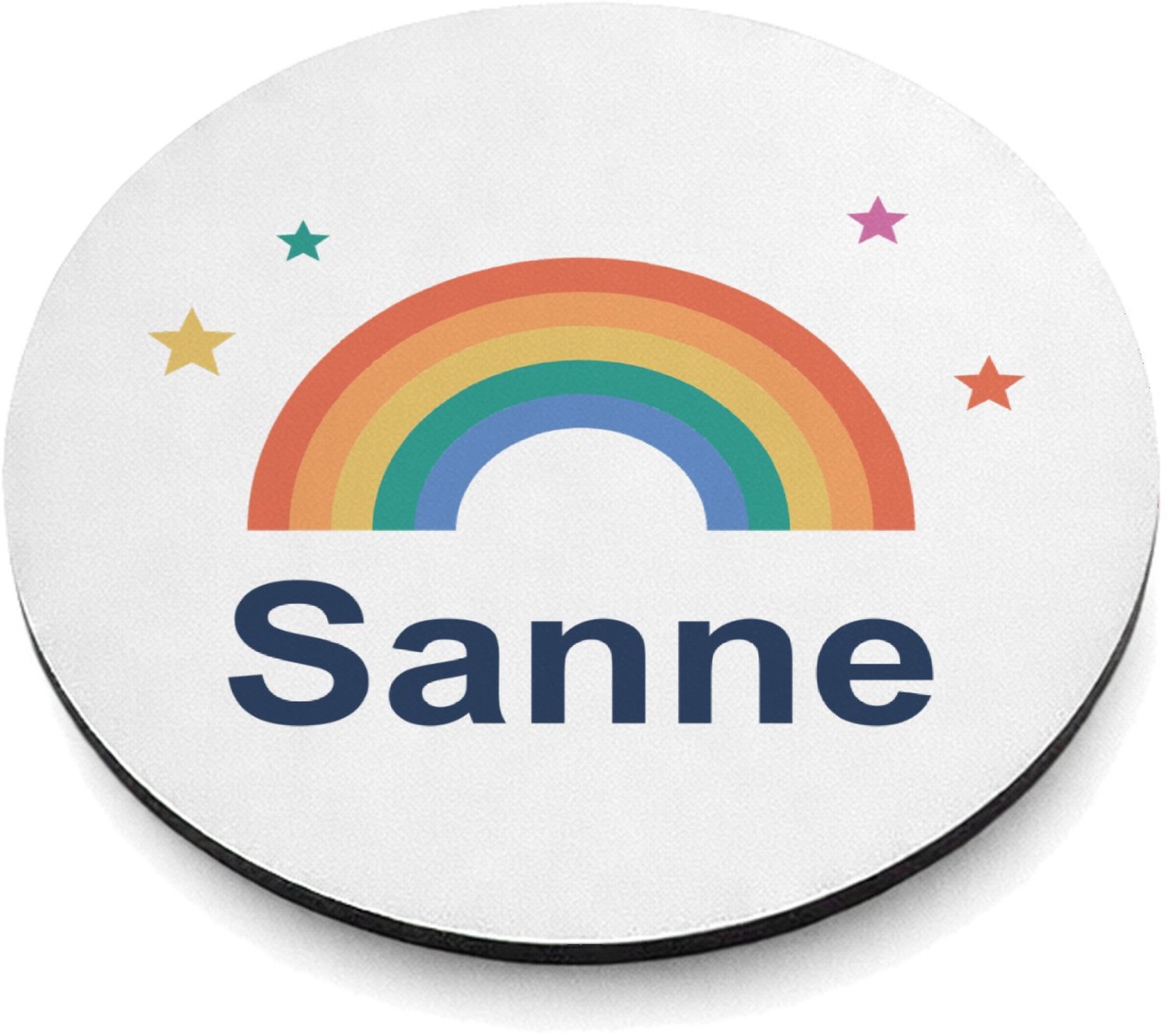 Mr Cadeautjes MDF magnetische fotolijst rond Ø 9,5 - design Regenboog met naam Sanne | cadeau Wit