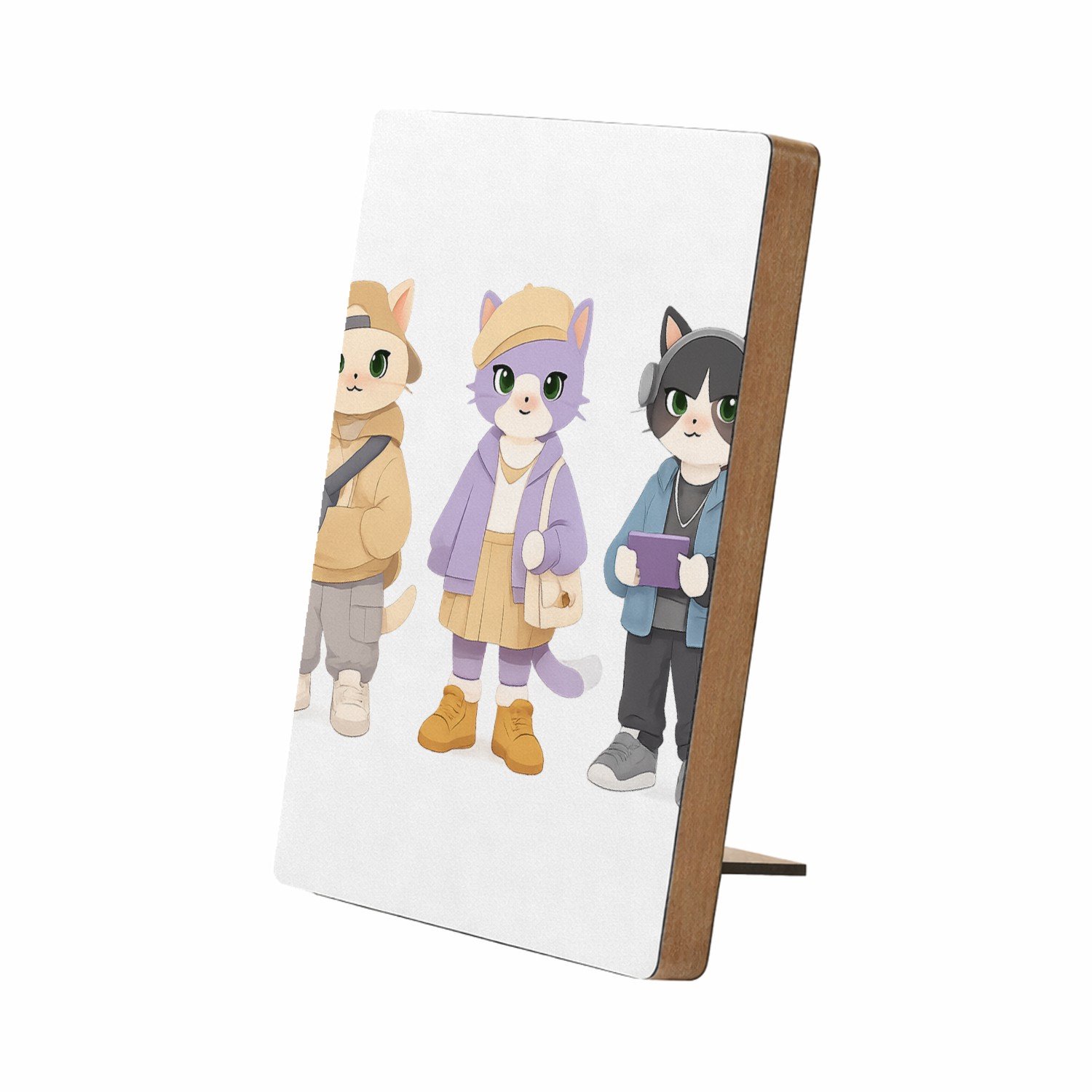 Mr Cadeautjes Glasframe/MDF 12,7 x 17,8 - design Drie modieuze katten in pastel-outfits, elk met een andere h | cadeau Wit