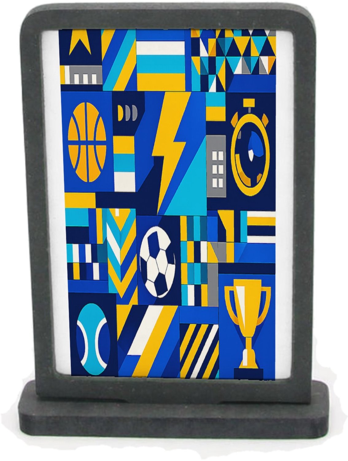 Mr Cadeautjes Houten fotolijst rechthoek met MDF inleg - design Een sportieve patchworkprint met kleine iconische vormen zoa | cadeau Wit