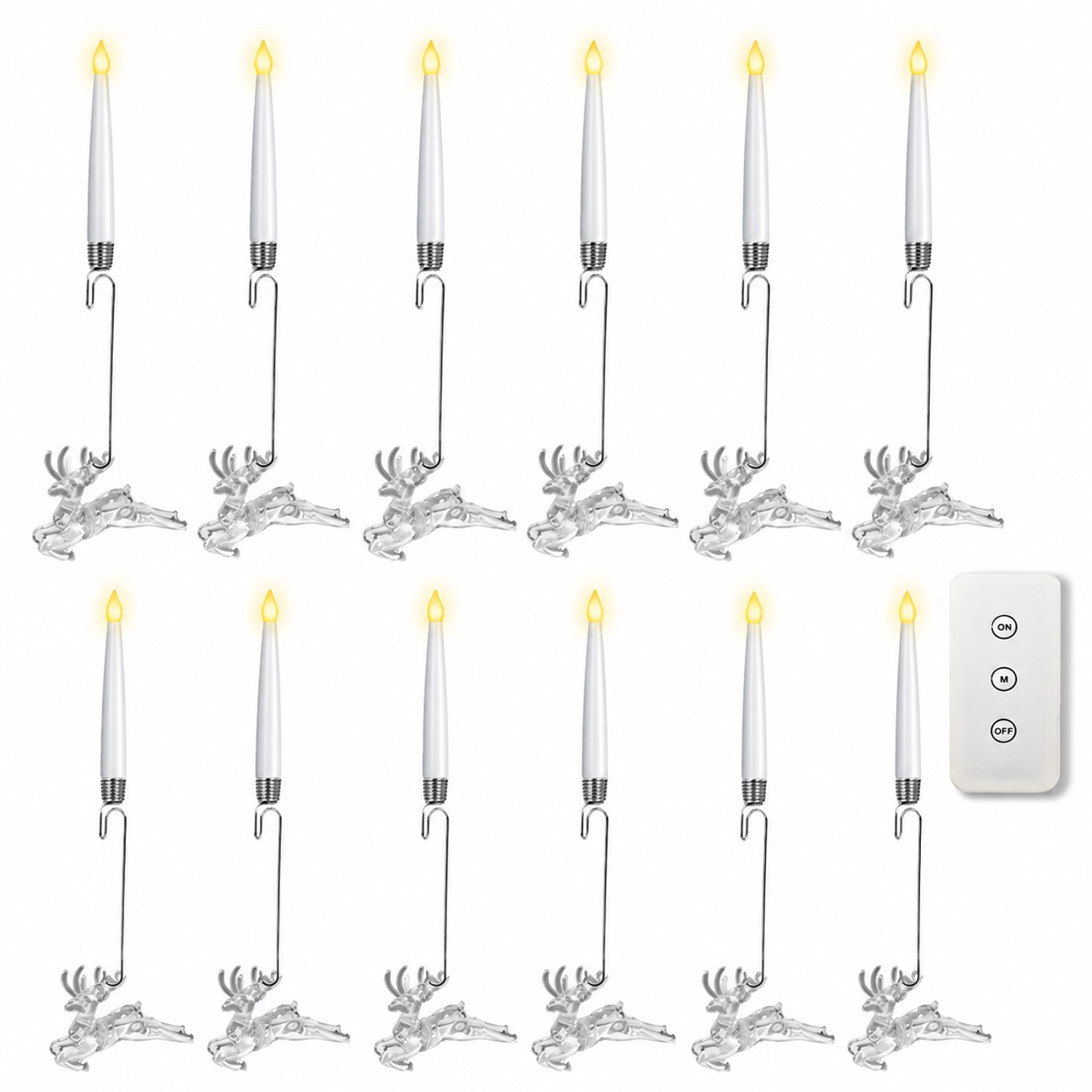SWGOTA led kaarsen, set van 12 met rendierhaken en afstandsbediening, warm licht en vlamvormige toppen voor kerst- en feestdecoratie Wit