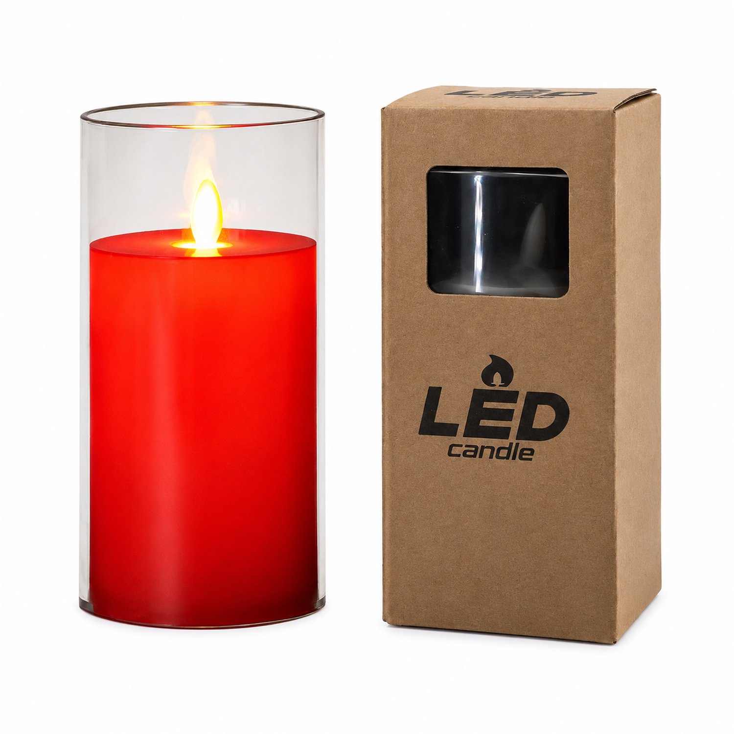 SWGOTA led kaarsen voor feestdecoratie: 1 stuk, 7,5 x 15 cm, rode binnenbehuizing en transparante kap, warm licht, vensterdoos, zonder batterijen Rood