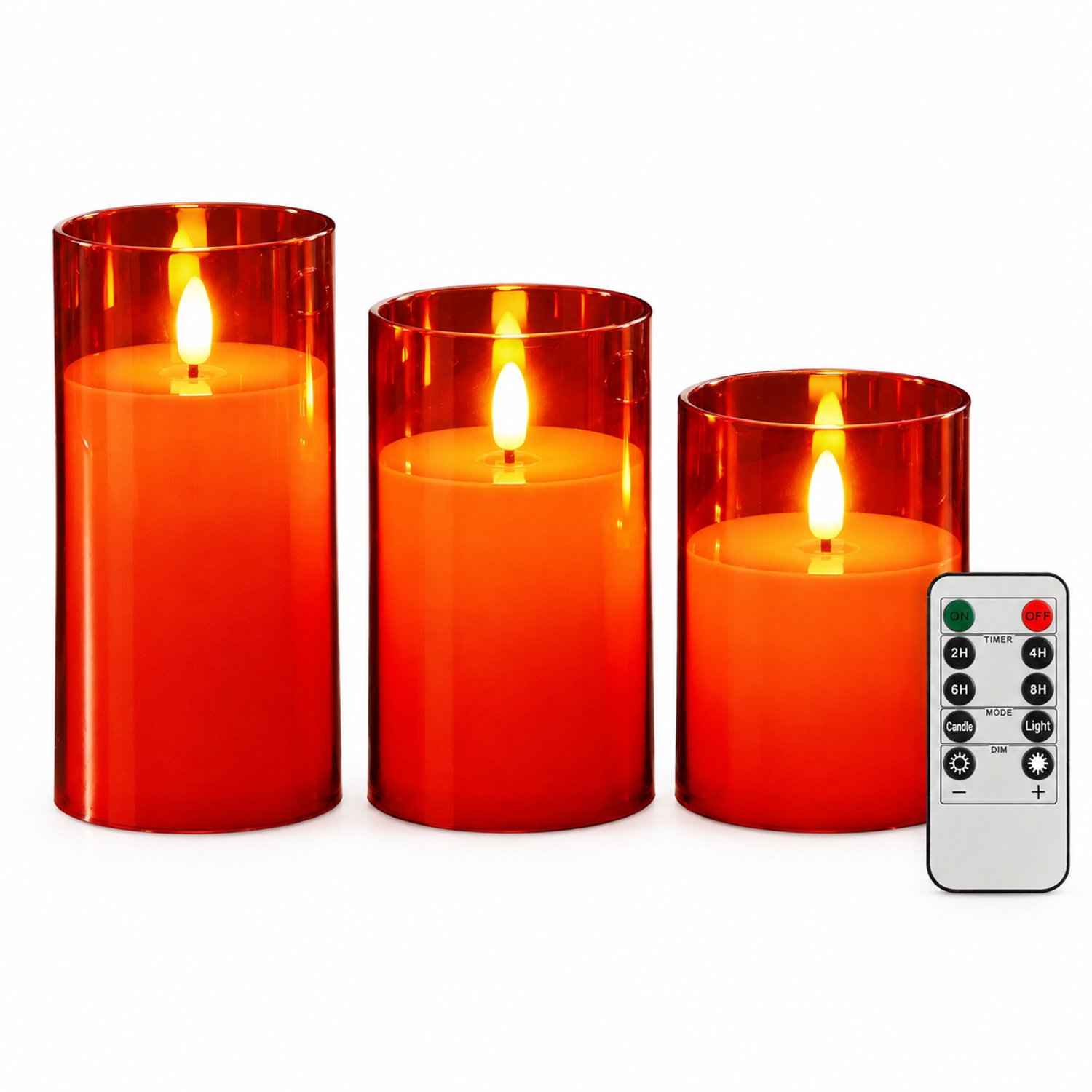 SWGOTA led kaarsen, rode set van 3 met afstandsbediening, warme vlamvormige LED, diameter 7,8 cm, hoogtes 10/12,5/15 cm, batterijen niet inbegrepen Rood