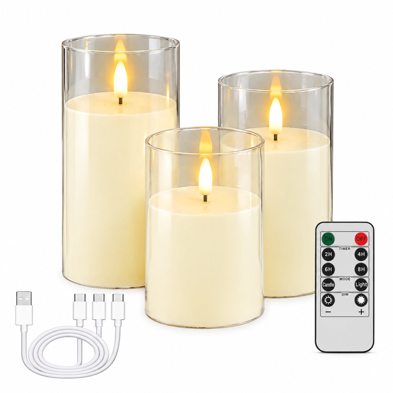 SWGOTA Elektrische kaarsen, oplaadbare set van 3 met afstandsbediening, diameter 7,5 cm, hoogtes 10/12,5/15 cm, transparante behuizing en USB-laadkabel