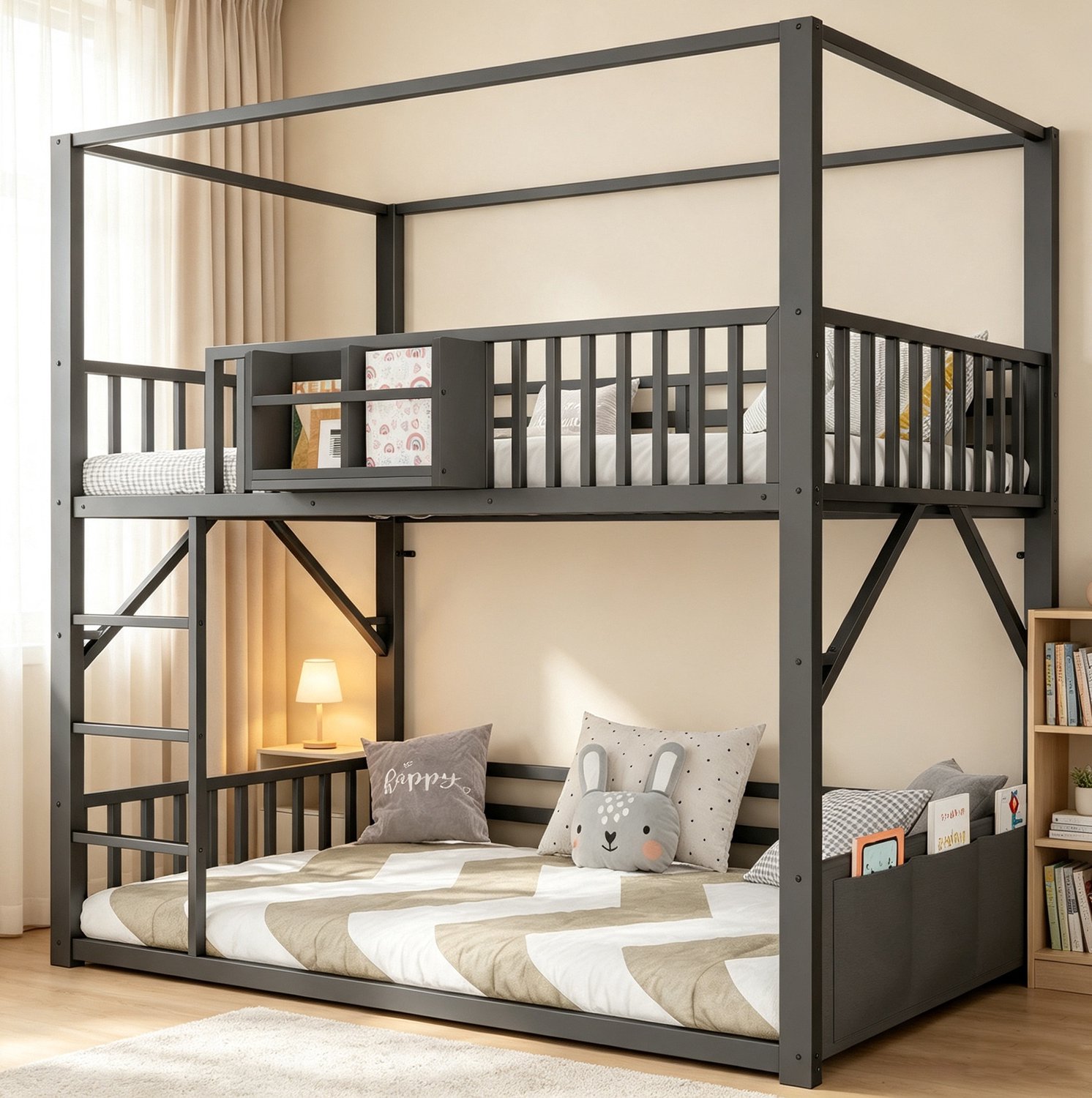 MODFU Stapelbed - Dakframe En Uitvalbeveiliging - Opbergruimte - Metaal En MDF - Zwart - 90 X 200 Cm