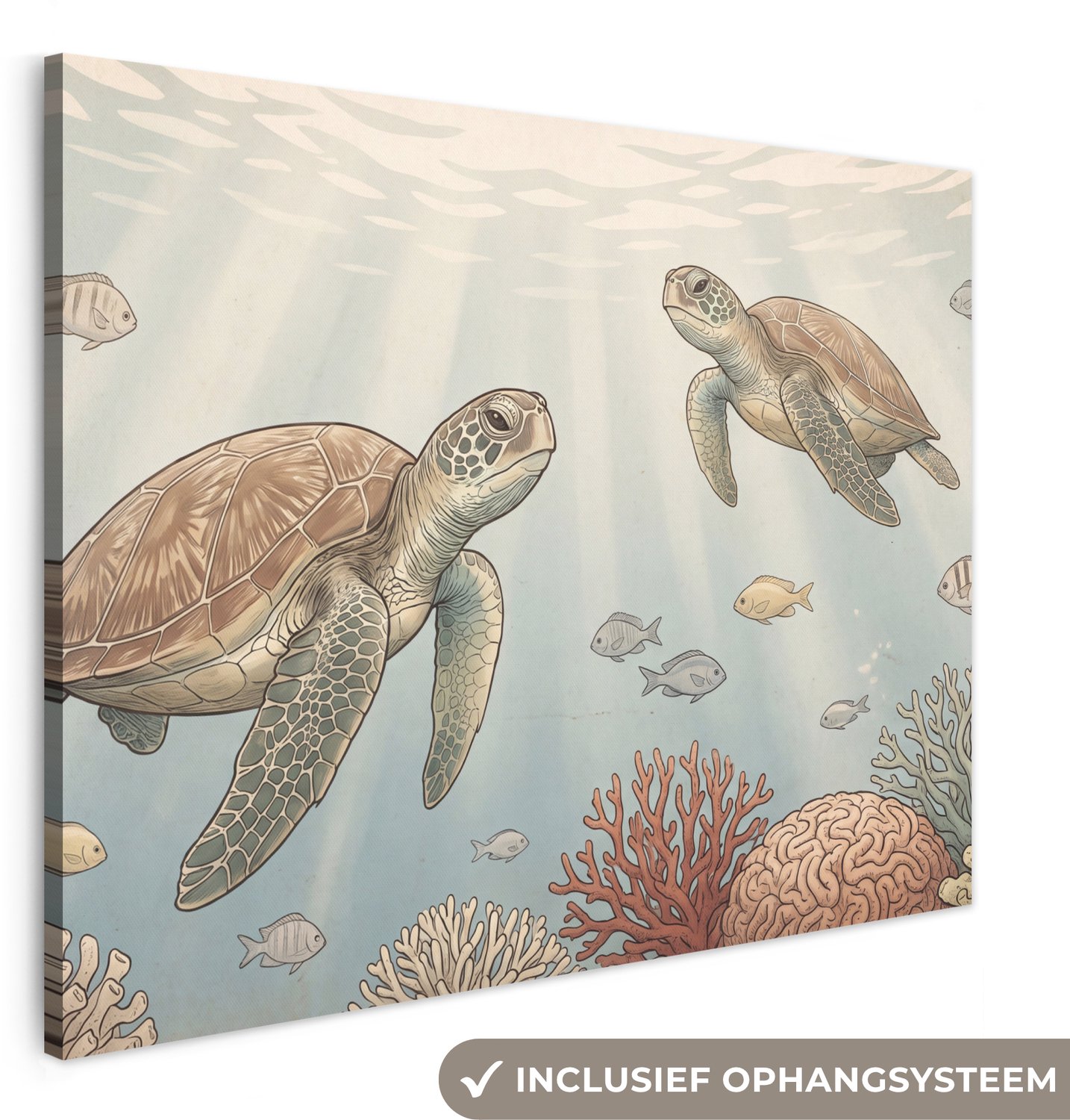 Canvas schilderij 160x120 cm - Exclusieve wanddecoratie Schildpad - Onderwater - Natuur - Illustratie - Muurdecoratie woonkamer - Slaapkamer decoratie - Kamer accessoires - Schilderijen op canvas groot XXL