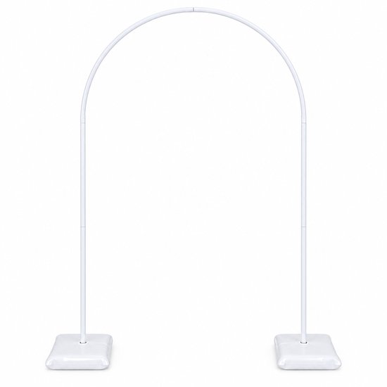 Wit frame voor een ballonnenboog op twee zeshoekige voeten met witte waterzakken ter stabilisatie.