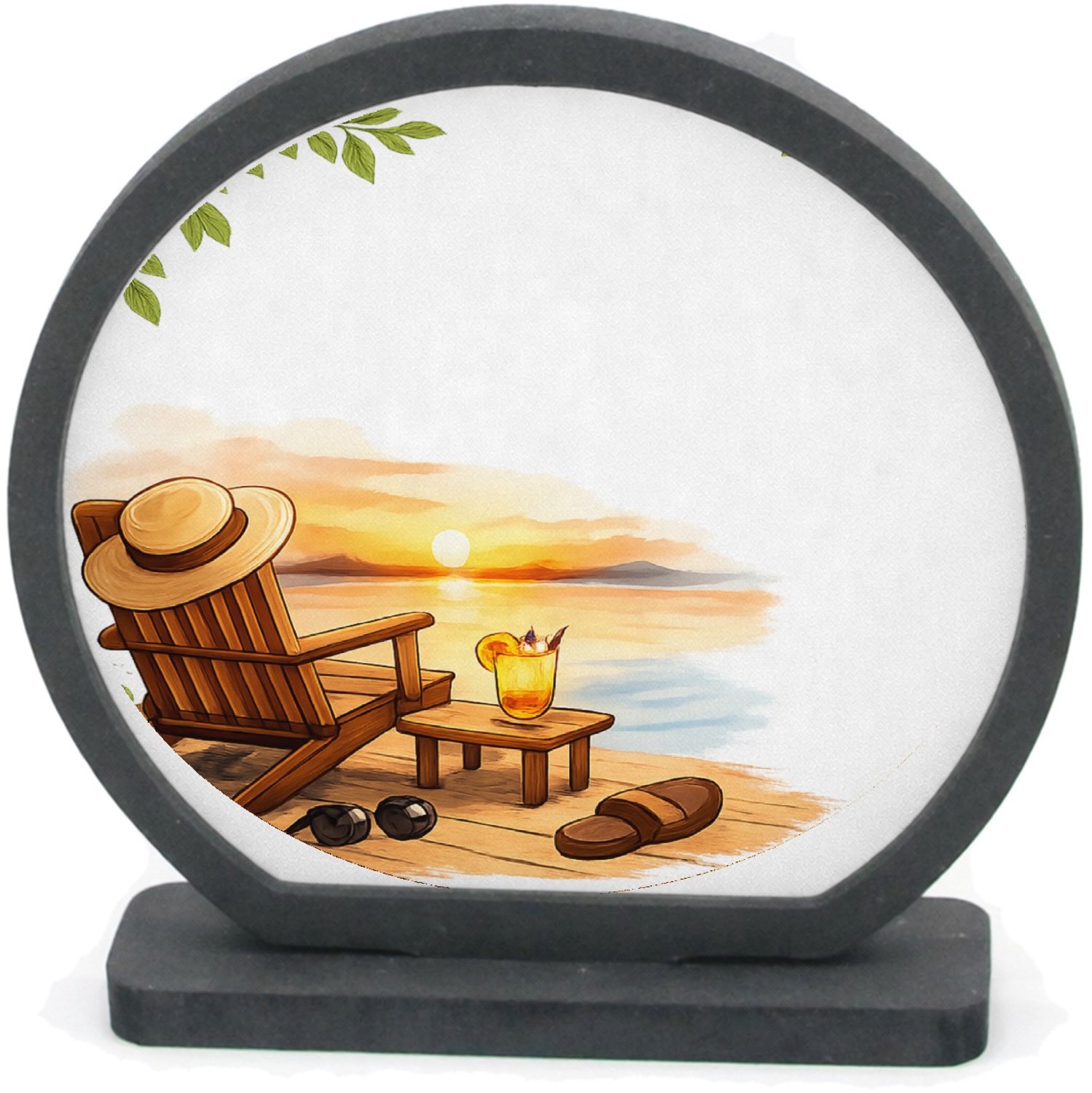 Mr Cadeautjes Houten fotolijst rond met MDF inleg - design Een vrolijke vrije-tijdsscène in een ligstoel op het strand | cadeau Wit