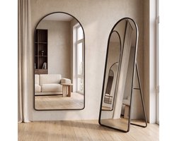 Passpiegel - 80 x 180cm Zwart - Arch Spiegel - Gebogen - Aluminium Frame HD Mirror - Staande Spiegel - Afgeronde Rand - Ovale Randen - Vrijstaande - Halfrond - Hangspiegel Met Haken - Kleedkamer Spiegel - Wandspiegel - Veiligheidsglas