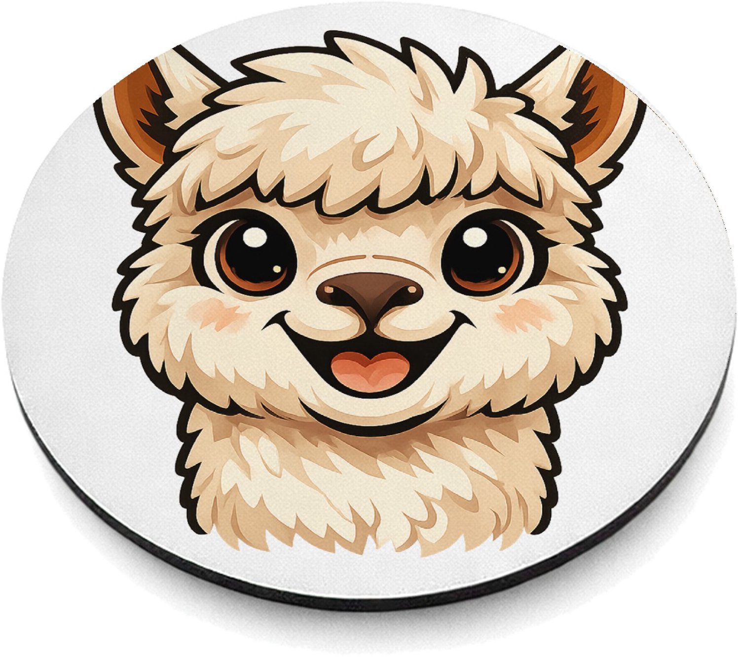 Mr Cadeautjes MDF magnetische fotolijst rond Ø 9,5 - design Een vrolijke alpaca met grote, nieuwsgierige ogen en een bre | cadeau Wit