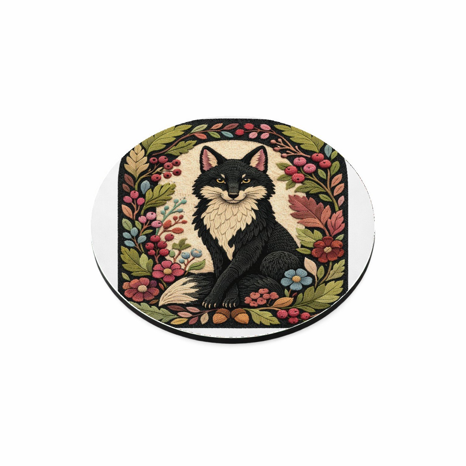Mr Cadeautjes MDF magnetische fotolijst rond Ø 9,5 - design Een vos in een sierlijke seizoensrand met herfstbladeren, be | cadeau Wit
