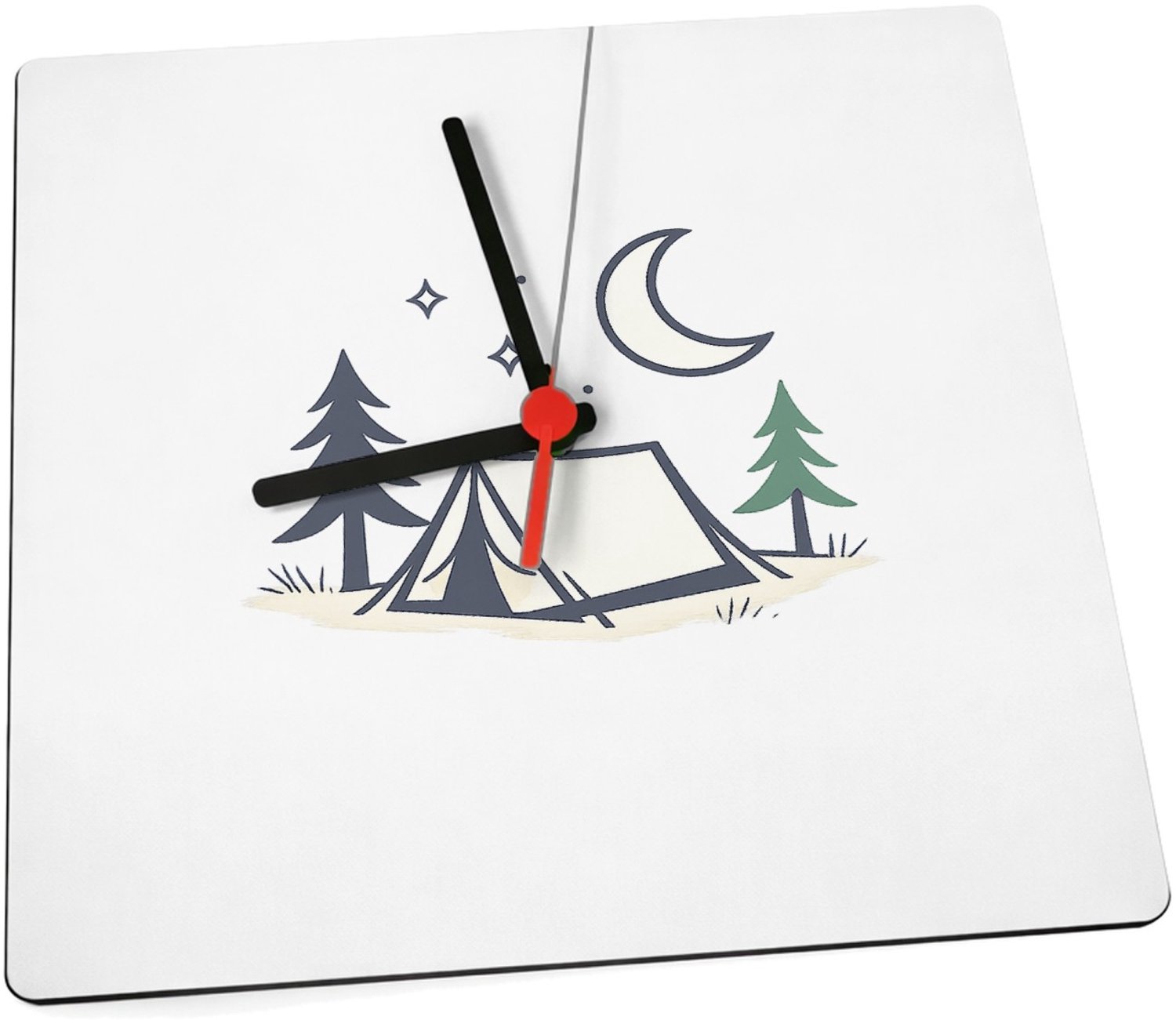 Mr Cadeautjes Klok 19 x 19 - design Minimalistische campingnacht met een kalme, speelse typograf | cadeau Wit