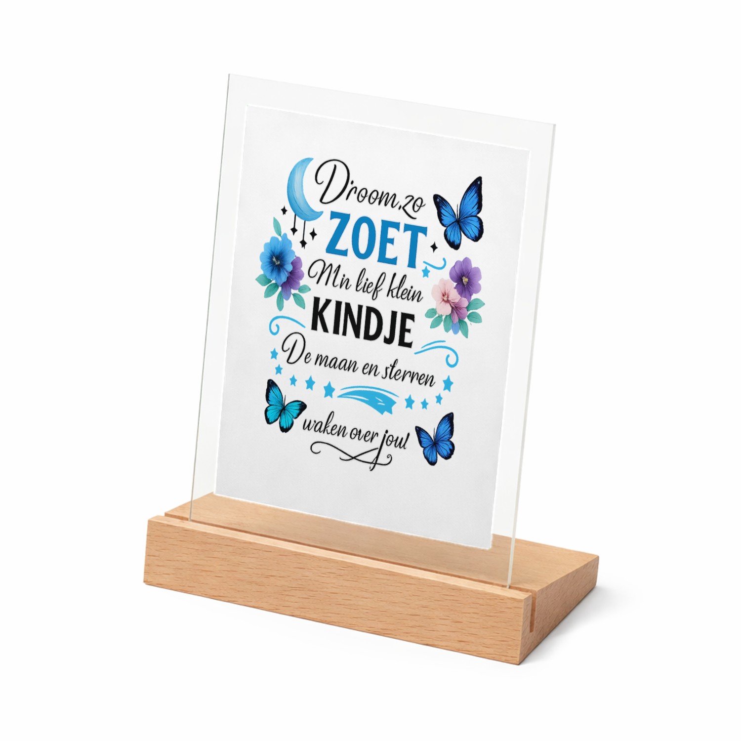 Mr Cadeautjes Glasframe met vaste tekst - design Een troostend slaapkamerthema met maan, sterren en een gerus | cadeau Wit
