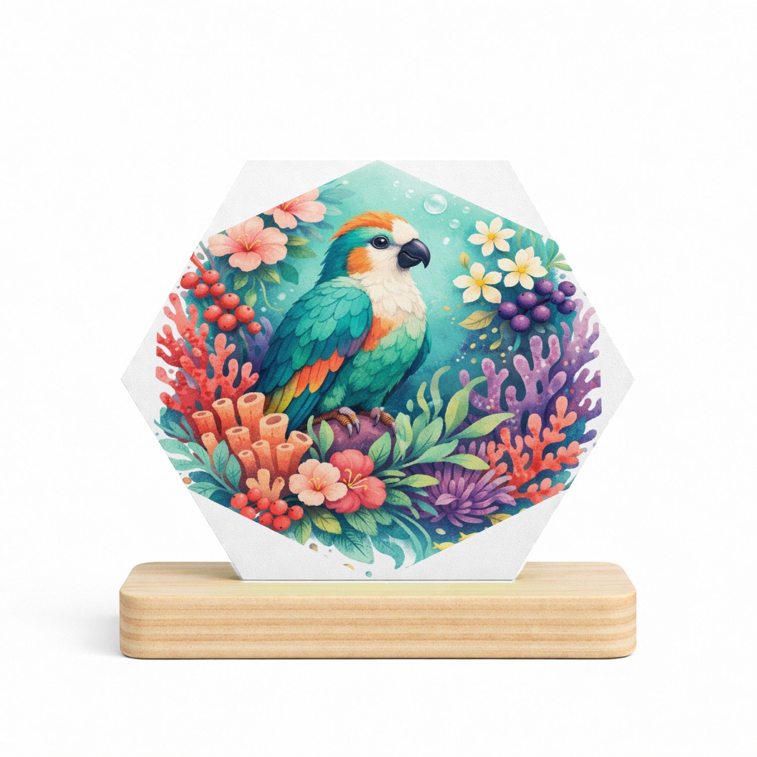 Mr Cadeautjes MDF fotolijst/inleg hexagon 14 x 13 - design Een tropische vogel in een weelderige bloemenzee met bladere | cadeau Wit