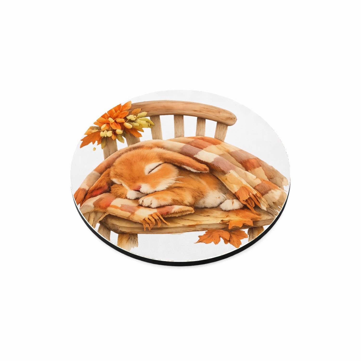 Mr Cadeautjes MDF magnetische fotolijst rond Ø 9,5 - design Een uitgestrekte konijnendut onder een plaid op een houten s | cadeau Wit