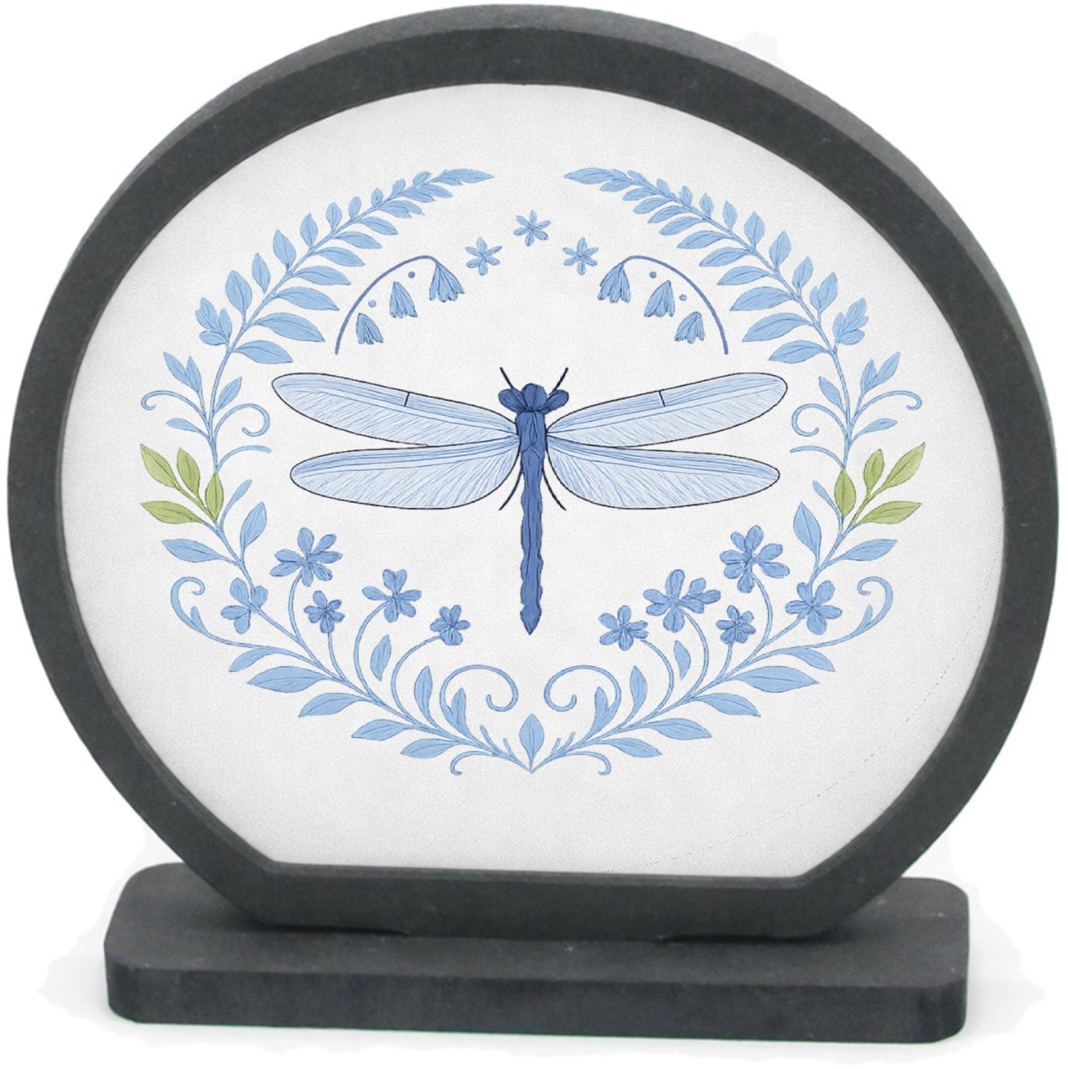 Mr Cadeautjes Houten fotolijst rond met MDF inleg - design Serene bosrand met libellen en varens in een verfijnd blauw| cadeau Wit